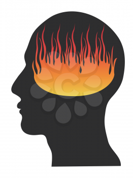 isolated people head with fire from white baclgronud