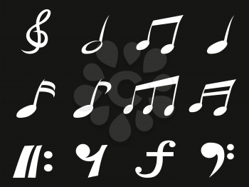 isolated white freehead music note icons on black background