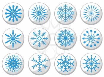 isolated blue snowflake round buttons set on white background