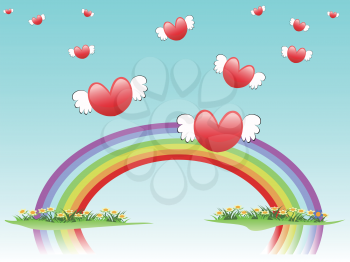 the background of flying hearts on rainbow for valentine day