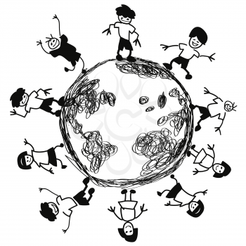 isolated Doodle kids around earth vector from white background