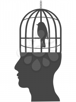isolated human head with bird cage from white background