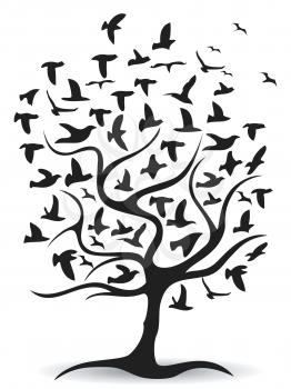 isolated black birds tree background vector from white background