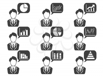 isolated businessman with statistics symbol in speech bubble icons set from white background
