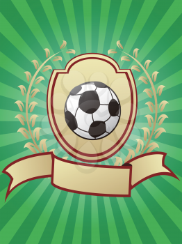 soccer championship design shiny gold shield laurel ribbon banner on green sunray background