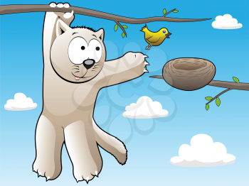 Royalty Free Clipart Image of a Cat Hanging on a Branch and a Bird Going To Its Nest