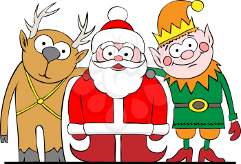 Royalty Free Clipart Image of Santa, an Elf and Reindeer