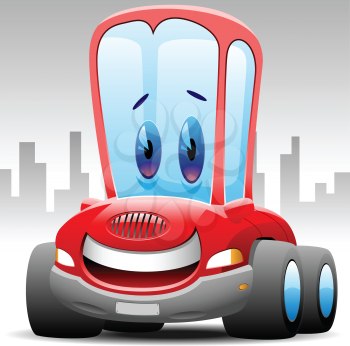 Royalty Free Clipart Image of a Cartoon Car Against a Silhouetted Skyline