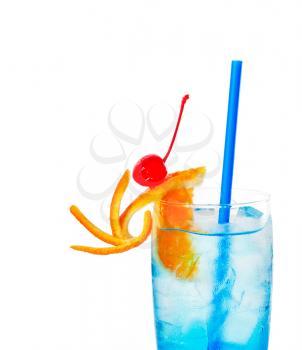 blue long drink cocktail with orange and cherry garnish and blue straw ,isolated on white background