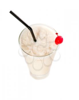 frozen banana daiquiri drink cocktail with red cherry and black straw isolated on white background
