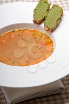 classic Italian minestrone  passatosoup with pesto crostini on side