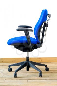 modern blue office chair on wood floor over white background