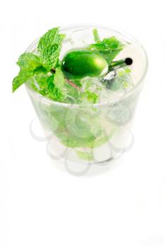 mojito caipirina cocktail with fresh mint leaves ,yerba-buena, with lime and black straw isolated on white background