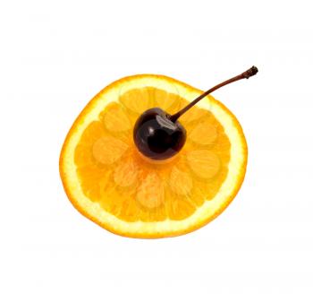 slice of orange with cherry on top isolated on white background