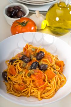 spaghetti pasta with fresh home made  puttanesca sauce
