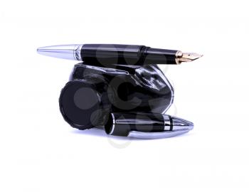 fountain pen and black ink bottle isolated on white background blue filter