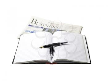 newspaper, pen and notebook on white background