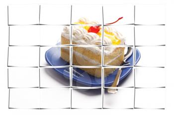 piece of lemon jelly cake with cherry on top ,on white background