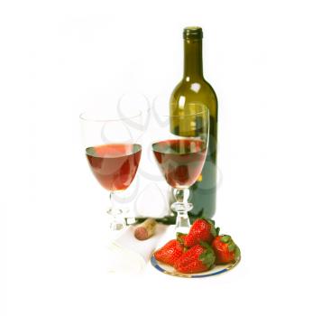opened red wine bottle and two glasses and fresh strawberries isolated on white