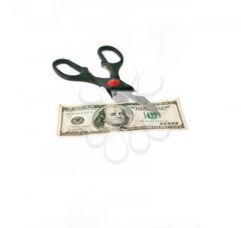 opened stainless scissors cutting us dollar bill closeup  isolated on white 