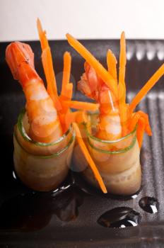colorful  fresh prawn shrimps and vegetables appetizer snack antipasto