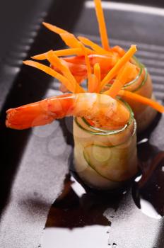 colorful  fresh prawn shrimps and vegetables appetizer snack antipasto