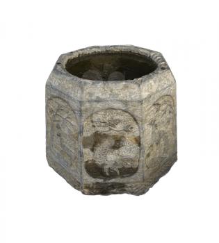 ancient stone bucket finely carved with iced water over white backgroungd