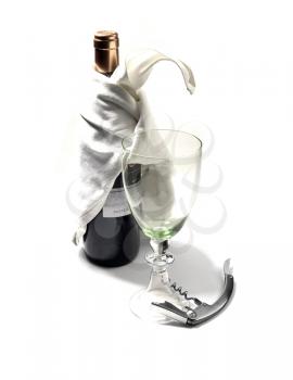 red wine bottle and glass with corckscdrew on white background