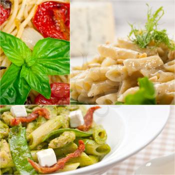 collection of different type of Italian pasta on collage white frame