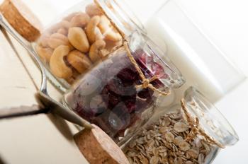 healthy breakfast ingredients milk oat cashew nuts dried cramberry craisinns 