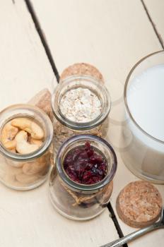 healthy breakfast ingredients milk oat cashew nuts dried cramberry craisinns 
