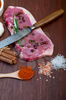 raw uncooked  ribeye beef steak butcher selection