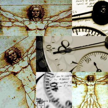 Royalty Free Photo of Leonardo Da Vinci's Vitrivian Man And Clocks