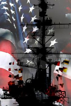 Royalty Free Photo of an Aircraft Carrier and American Flag