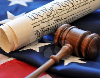 Royalty Free Photo of the United States Constitution and Gavel