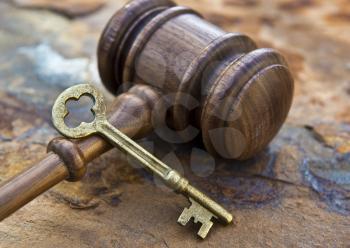 Royalty Free Photo of a Gavel and Skeleton Key
