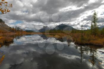 A view across Vermilion Lakes towards Mount Rundle and the town of Banff. Banff National Park, Alberta, Canada.