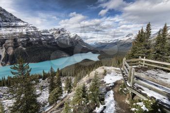 Picturesque Peyto Lake, in Banff National Park. Peyto Lake (pea-toe) is a glacier-fed lake located in Banff National Park in the Canadian Rockies. The lake itself is easily accessed from the Icefields
