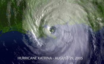 Satellite photo of Hurricane Katrina over The Gulf of Mexico on August 28, 2005. This NOAA image is in the public domain. GOES-12 4 km infrared imagery.
