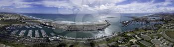 Royalty Free Photo of a 10 image aerial panoramic of Oceanside Harbor, Oceanside, California, USA.