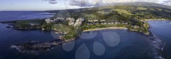 Royalty Free Photo of Stunning Kapalua Bay in Maui, Hawaii, USA. This is a 4 image aerial panoramic at sunset.