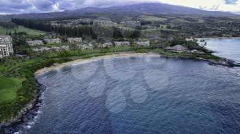 Royalty Free Photo of Stunning Kapalua Bay in Maui, Hawaii, USA. This is a 3 image aerial panoramic.