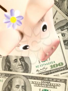 Royalty Free Photo of a Money Background and a Piggy Bank