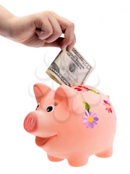 Royalty Free Photo of a Hand Putting Money in a Piggy Bank
