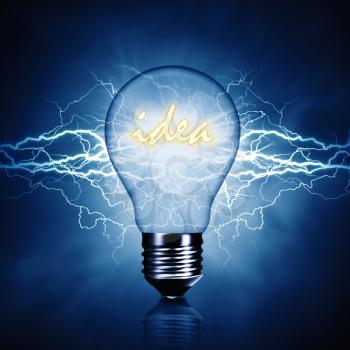 Royalty Free Photo of a Lightbulb With the Word Idea and Electrical Currents