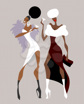 Royalty Free Clipart Image of Two Fashionably Dressed Women With Drinks