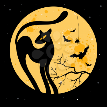 Royalty Free Clipart Image of a Black Cat Against the Moon