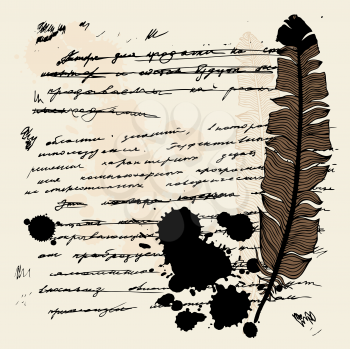 Royalty Free Clipart Image of a Quill Pen on Parchment and and Ink Spot