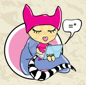 Royalty Free Clipart Image of a Cartoon Cat With a Laptop