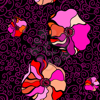 Pink poppies on black background. Vector illustration